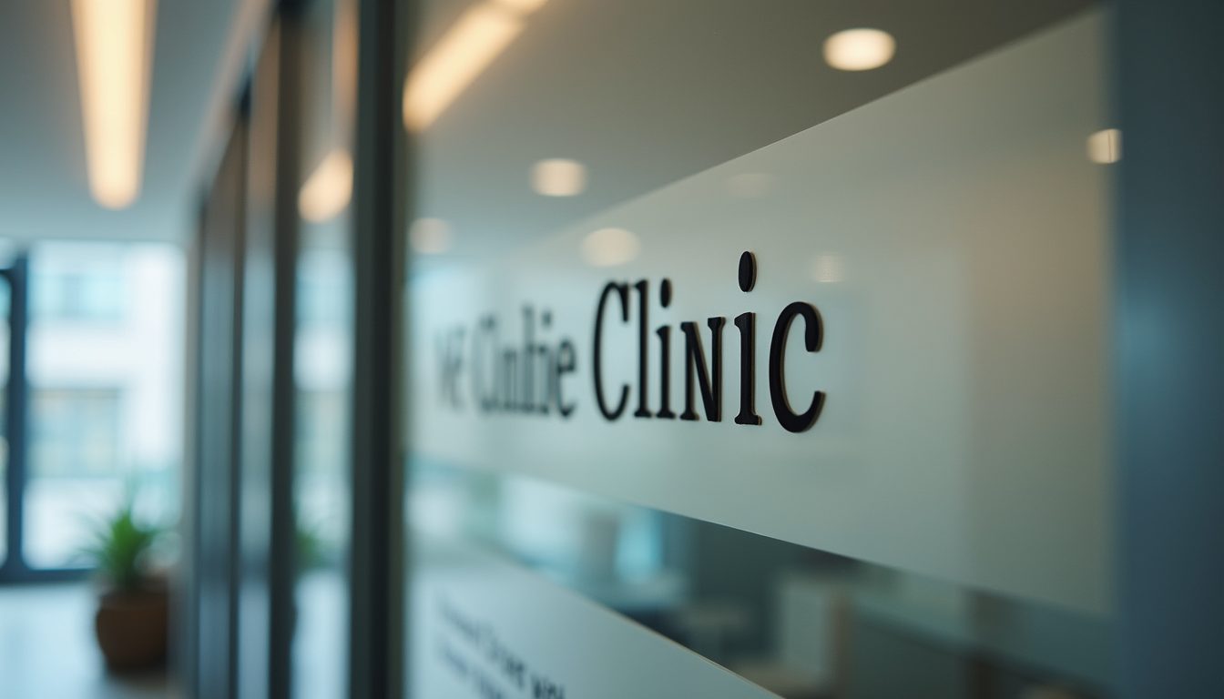 Close-up view of branded clinic signage with clean typography